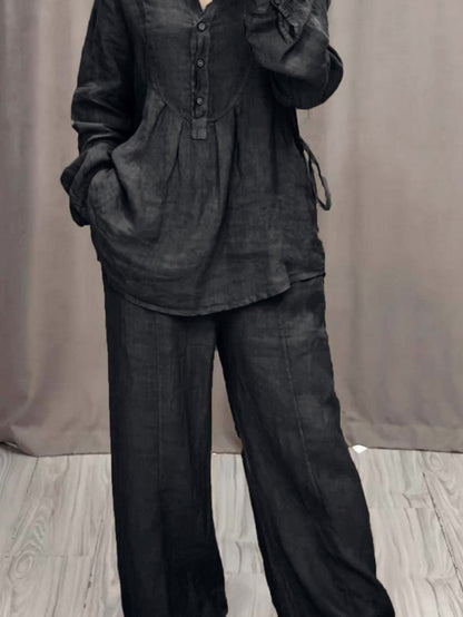 Women's Linen Blend Pleated Shirt & Wide-Leg Trouser Co-Ord Set