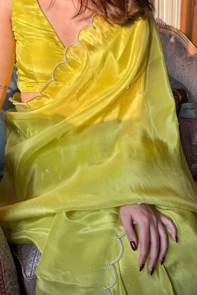 Pleasurable 1-Minute Ready To Wear Parrot Chinon Saree