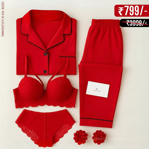 Marun Love Night Suit & Bra Penty Set Combo for Women's