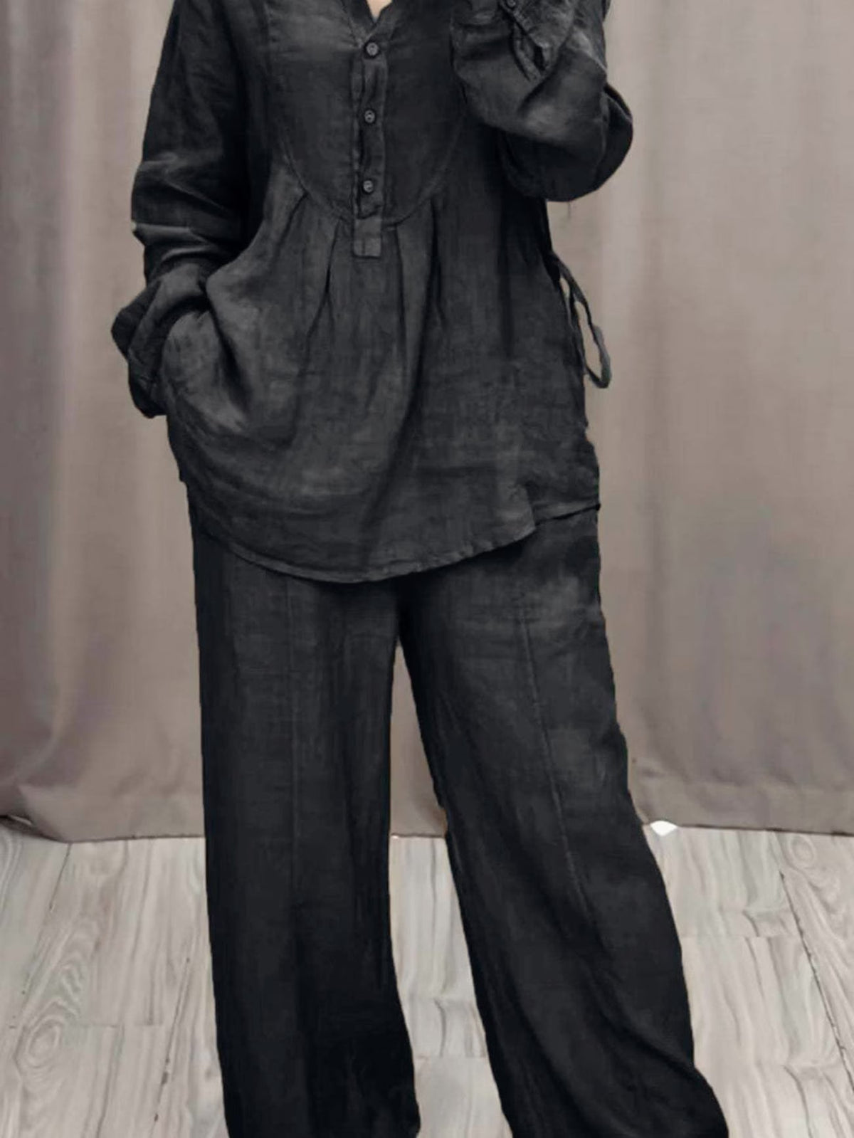 Women's Linen Blend Pleated Shirt & Wide-Leg Trouser Co-Ord Set