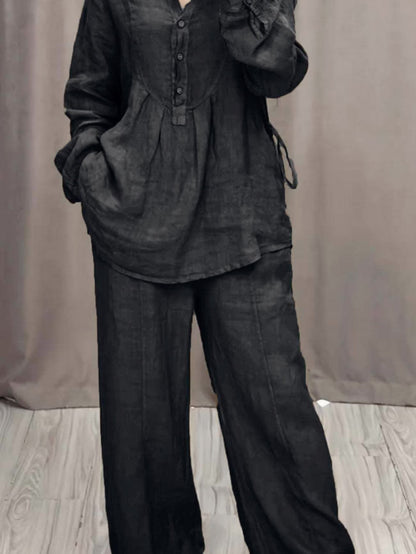 Women's Linen Blend Pleated Shirt & Wide-Leg Trouser Co-Ord Set